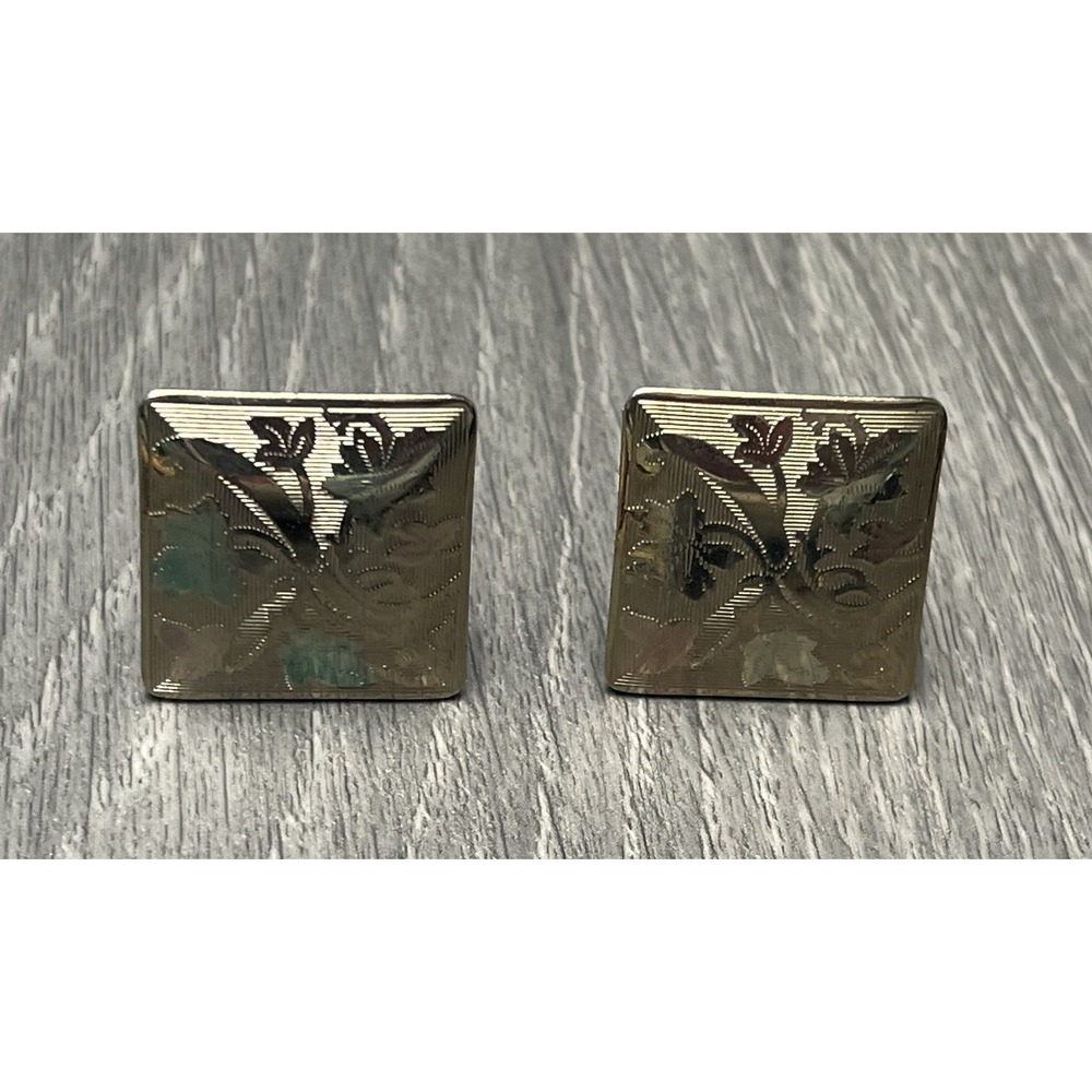 Vintage Gold Tone Etched Floral Design Cufflinks Square Mens Fashion Jewelry - Picture 2 of 8